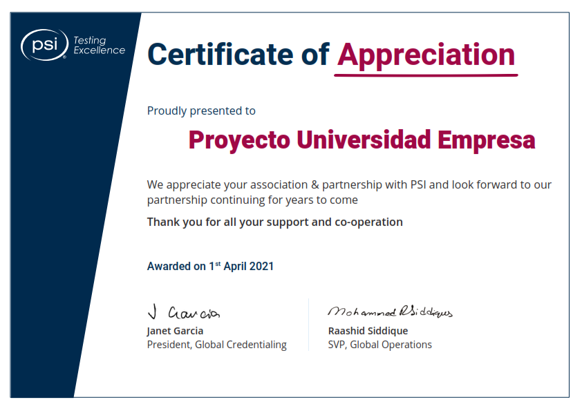 PSI Certificate of Appreciation
